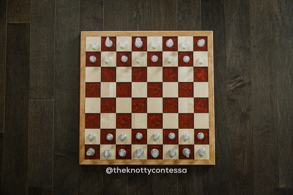 International Master Chess / Checkers Board - Maple / Ruby Red Epoxy/ Cherry Border - CIM-RR-CHER-001