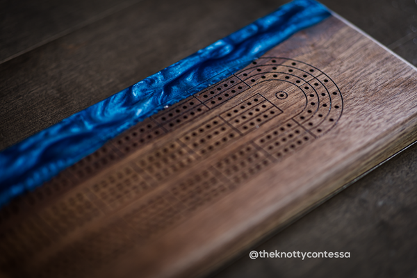 The 29 Hand Luxury Live Edge Cribbage Board - Black Walnut /Diamond Navy Epoxy - CB-DNV-010