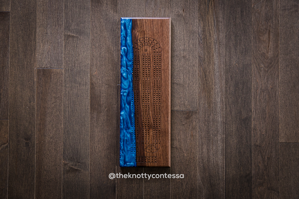 The 29 Hand Luxury Live Edge Cribbage Board - Black Walnut /Diamond Navy Epoxy - CB-DNV-010