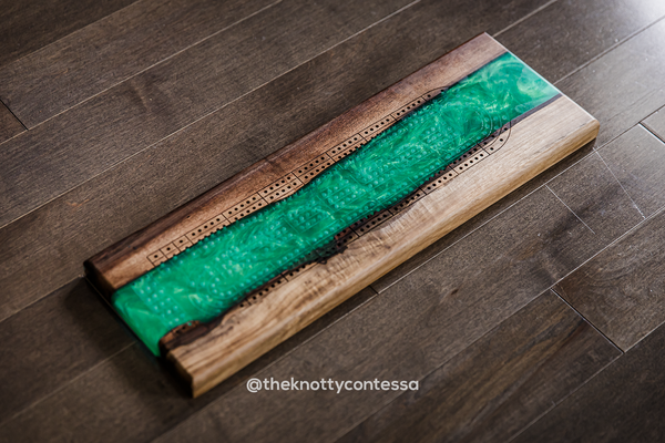 The 29 Hand Luxury Live Edge Cribbage Board - Black Walnut / Paris Green Epoxy - CB-PGR-001