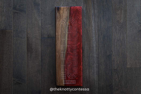 The 29 Hand Luxury Live Edge Cribbage Board - Black Walnut / Ruby Red Epoxy - CB-RR-004