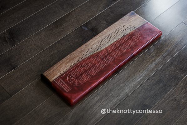 The 29 Hand Luxury Live Edge Cribbage Board - Black Walnut / Ruby Red Epoxy - CB-RR-004