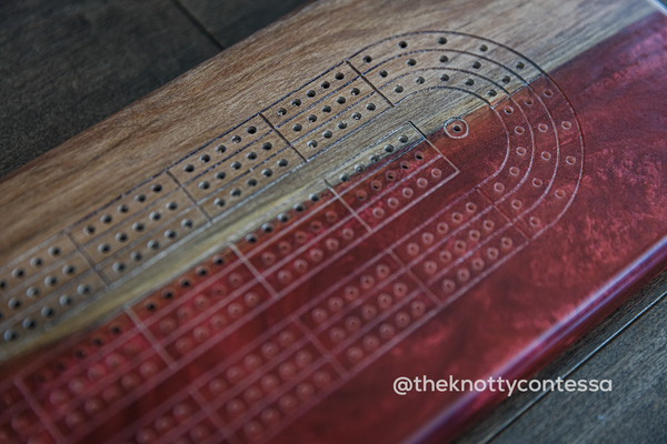 The 29 Hand Luxury Live Edge Cribbage Board - Black Walnut / Ruby Red Epoxy - CB-RR-004