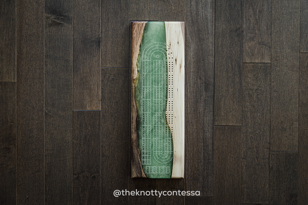The 29 Hand Luxury Live Edge Cribbage Board - Black Walnut / Paris Green Epoxy - CB-PG-001