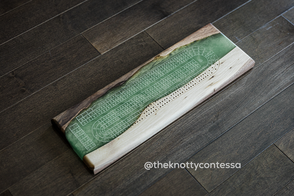 The 29 Hand Luxury Live Edge Cribbage Board - Black Walnut / Paris Green Epoxy - CB-PG-001