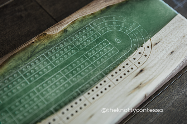 The 29 Hand Luxury Live Edge Cribbage Board - Black Walnut / Paris Green Epoxy - CB-PG-001