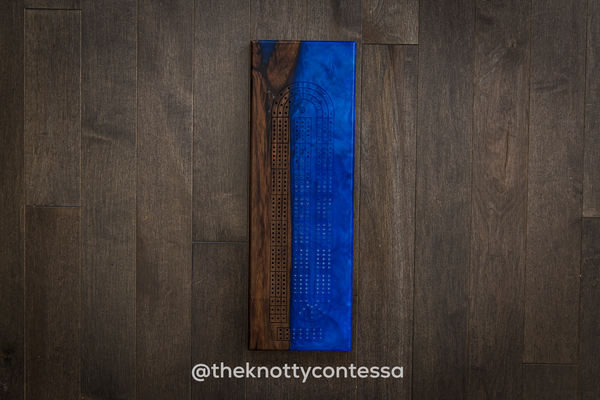 The 29 Hand Luxury Live Edge Cribbage Board - Black Walnut / Dark Blue Epoxy - CB-DB-002