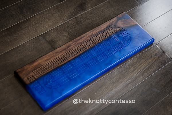 The 29 Hand Luxury Live Edge Cribbage Board - Black Walnut / Dark Blue Epoxy - CB-DB-002