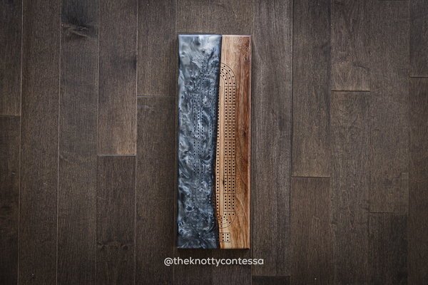 The 29 Hand Luxury Live Edge Cribbage Board - Black Walnut / Gun Metal Grey Epoxy - CB-GMG-009