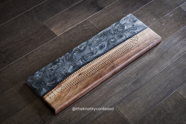 The 29 Hand Luxury Live Edge Cribbage Board - Black Walnut / Gun Metal Grey Epoxy - CB-GMG-009
