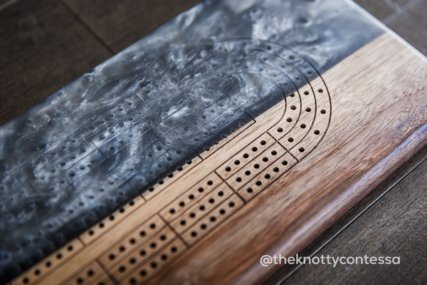 The 29 Hand Luxury Live Edge Cribbage Board - Black Walnut / Gun Metal Grey Epoxy - CB-GMG-009