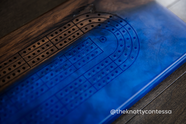 The 29 Hand Luxury Live Edge Cribbage Board - Black Walnut / Dark Blue Epoxy - CB-DB-002
