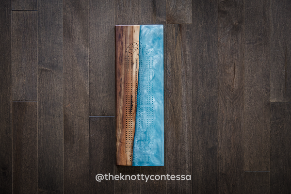 The 29 Hand Luxury Live Edge Cribbage Board - Black Walnut / Caribbean Blue Epoxy - CB-CB-001