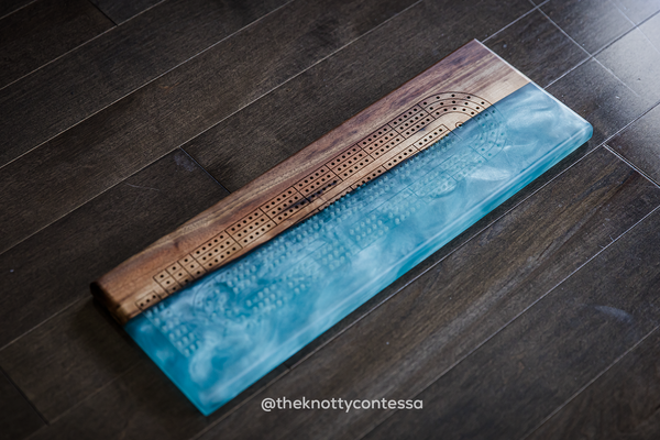 The 29 Hand Luxury Live Edge Cribbage Board - Black Walnut / Caribbean Blue Epoxy - CB-CB-001