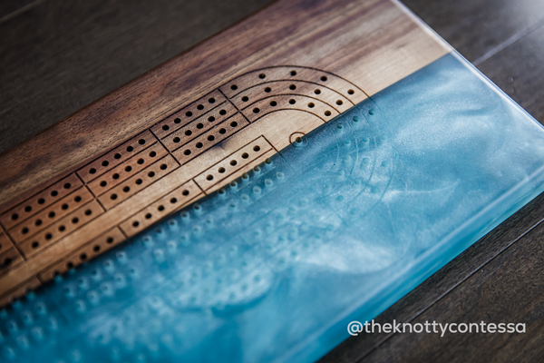 The 29 Hand Luxury Live Edge Cribbage Board - Black Walnut / Caribbean Blue Epoxy - CB-CB-001