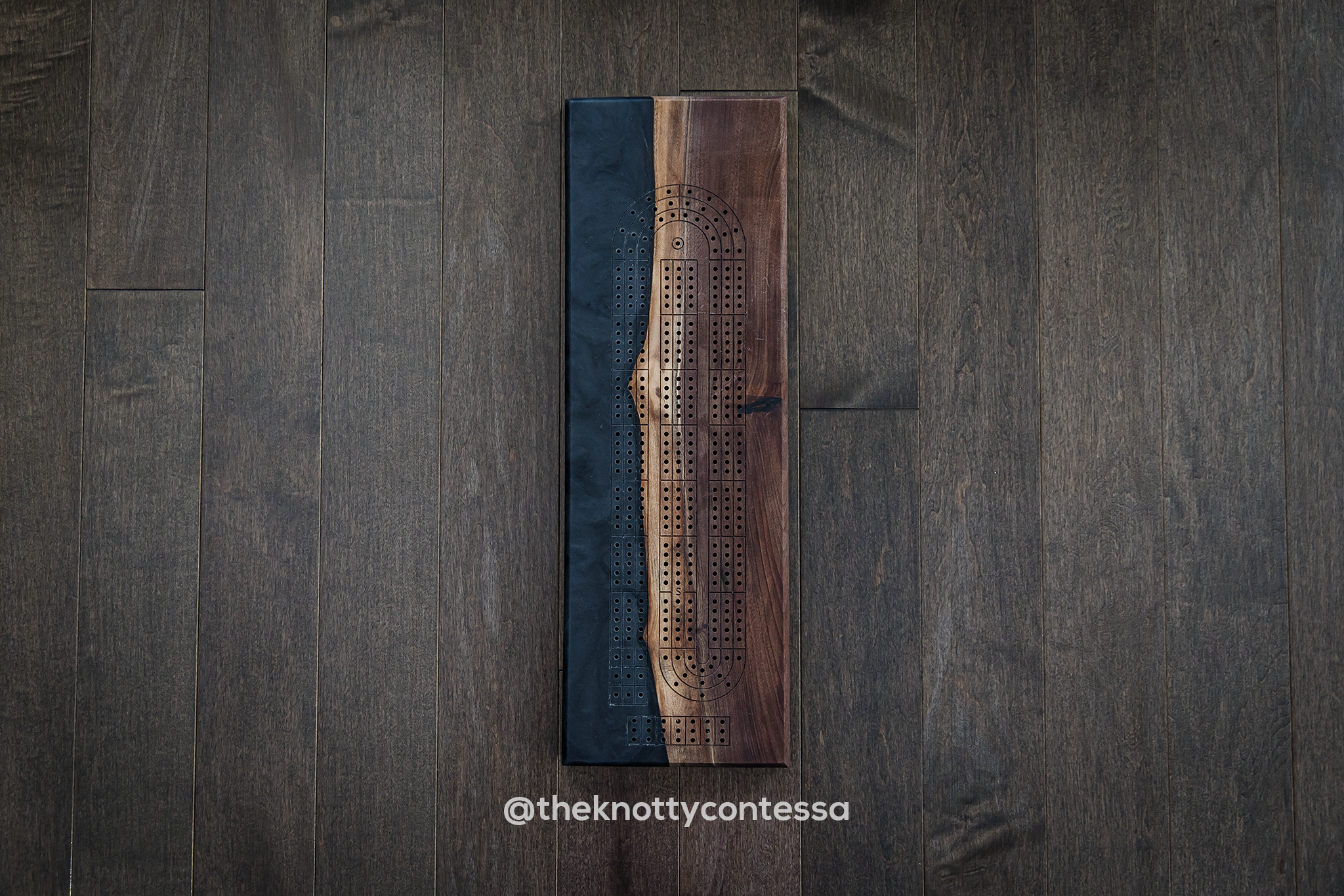 The 29 Hand Luxury Live Edge Cribbage Board - Black Walnut / Black Pearl Epoxy - CB-BLP-06