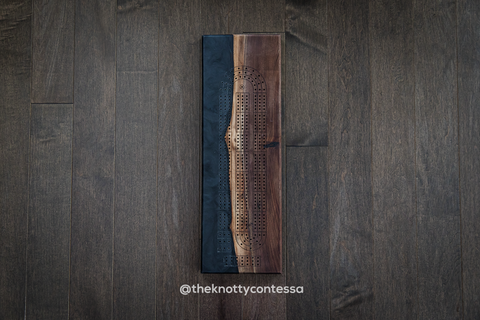 The 29 Hand Luxury Live Edge Cribbage Board - Black Walnut / Black Pearl Epoxy - CB-BLP-06