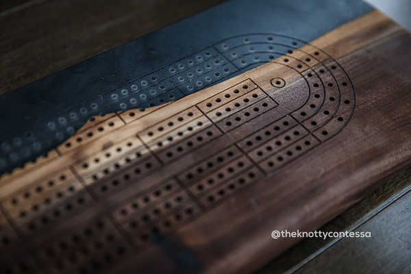 The 29 Hand Luxury Live Edge Cribbage Board - Black Walnut / Black Pearl Epoxy - CB-BLP-06