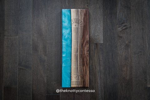 The 29 Hand Luxury Live Edge Cribbage Board - Black Walnut / Diamond Turquoise Epoxy - CB-TRQ-015