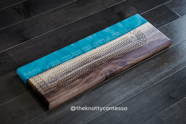 The 29 Hand Luxury Live Edge Cribbage Board - Black Walnut / Diamond Turquoise Epoxy - CB-TRQ-015