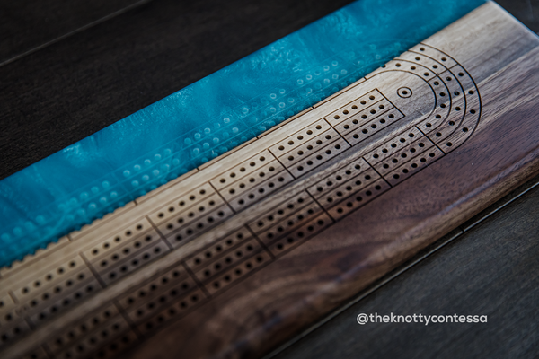 The 29 Hand Luxury Live Edge Cribbage Board - Black Walnut / Diamond Turquoise Epoxy - CB-TRQ-015