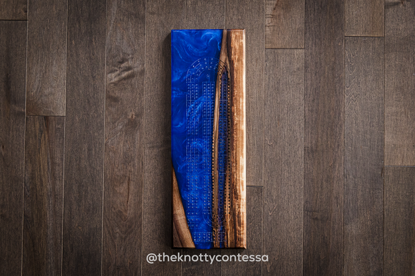 The 29 Hand Luxury Live Edge Cribbage Board - Black Walnut / Dark Blue Epoxy - CB-DB-001