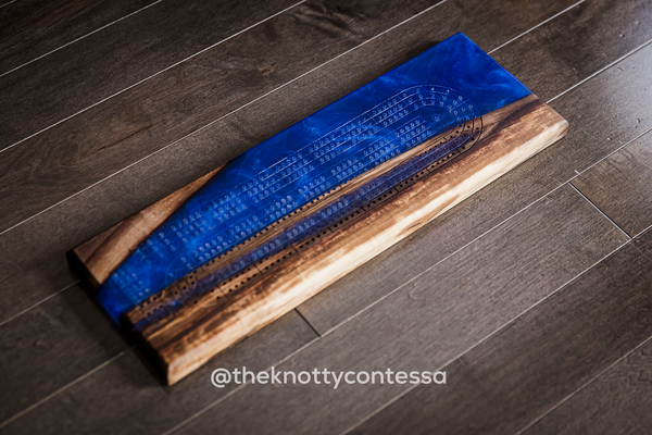 The 29 Hand Luxury Live Edge Cribbage Board - Black Walnut / Dark Blue Epoxy - CB-DB-001