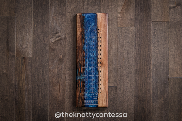 The 29 Hand Luxury Live Edge Cribbage Board - Black Walnut / Star Blue Green Epoxy - CB-SBG-006