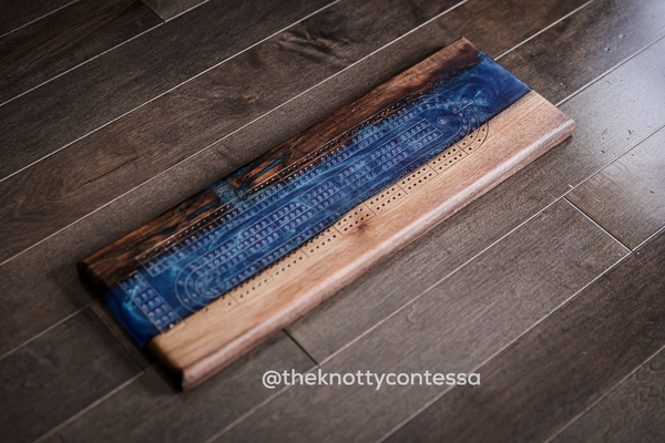 The 29 Hand Luxury Live Edge Cribbage Board - Black Walnut / Star Blue Green Epoxy - CB-SBG-006