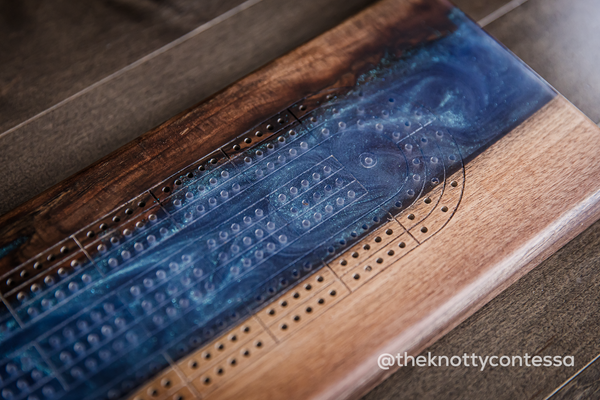 The 29 Hand Luxury Live Edge Cribbage Board - Black Walnut / Star Blue Green Epoxy - CB-SBG-006