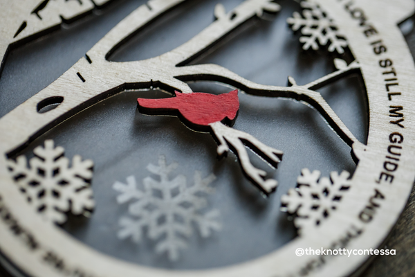 Close up picture of the cardinal on the ornament