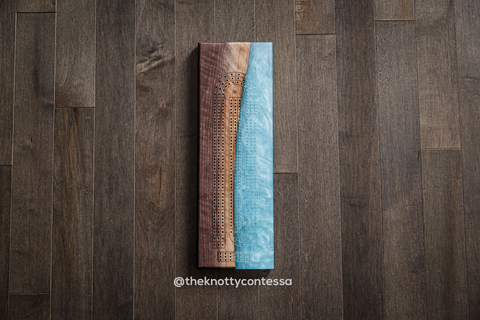 The 29 Hand Luxury Live Edge Cribbage Board - Black Walnut / Turquoise Epoxy - CB-TRQ-024