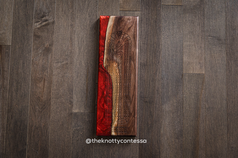 The 29 Hand Luxury Live Edge Cribbage Board - Black Walnut /Ruby Red - CB-RR-006