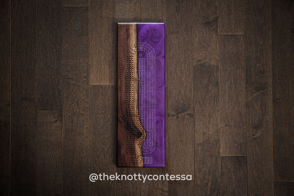 The 29 Hand Luxury Live Edge Cribbage Board - Black Walnut / Plum Purple Epoxy - CB-PP-001