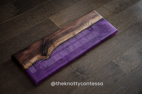 The 29 Hand Luxury Live Edge Cribbage Board - Black Walnut / Plum Purple Epoxy - CB-PP-001