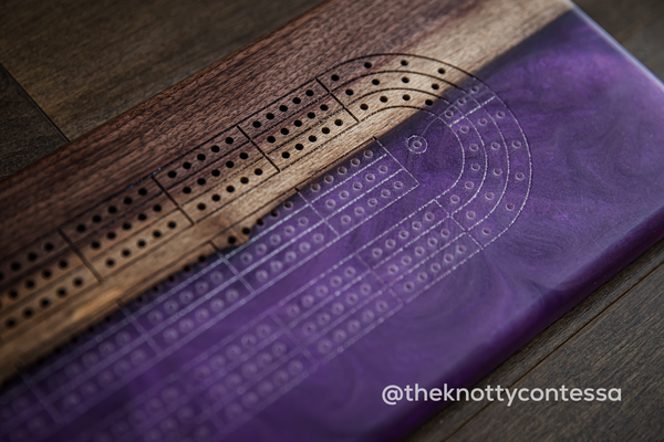 The 29 Hand Luxury Live Edge Cribbage Board - Black Walnut / Plum Purple Epoxy - CB-PP-001