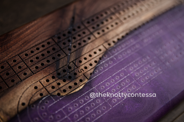 The 29 Hand Luxury Live Edge Cribbage Board - Black Walnut / Plum Purple Epoxy - CB-PP-001