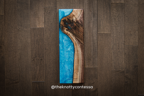 The 29 Hand Luxury Live Edge Cribbage Board - Black Walnut / Turquoise Epoxy - CB-TRQ-017
