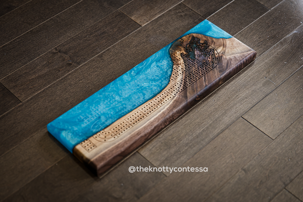 The 29 Hand Luxury Live Edge Cribbage Board - Black Walnut / Turquoise Epoxy - CB-TRQ-017