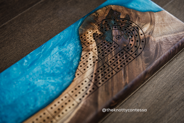 The 29 Hand Luxury Live Edge Cribbage Board - Black Walnut / Turquoise Epoxy - CB-TRQ-017