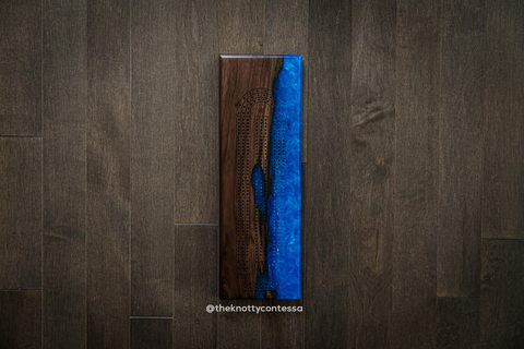 The 29 Hand Luxury Live Edge Cribbage Board - Black Walnut / Rainbow Blue Epoxy - CB-RBL-007