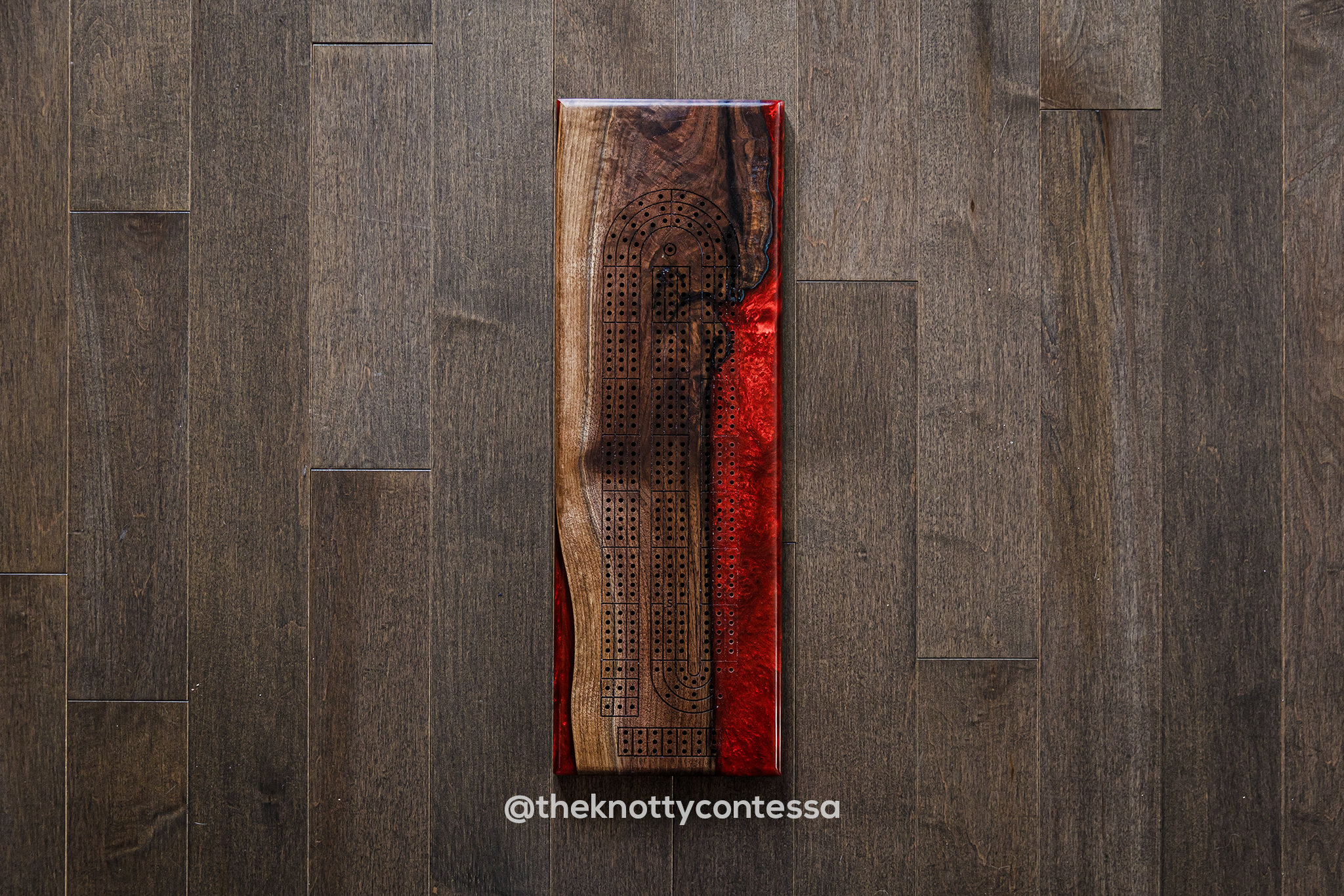 The 29 Hand Luxury Live Edge Cribbage Board - Black Walnut /Ruby Red - CB-RR-003