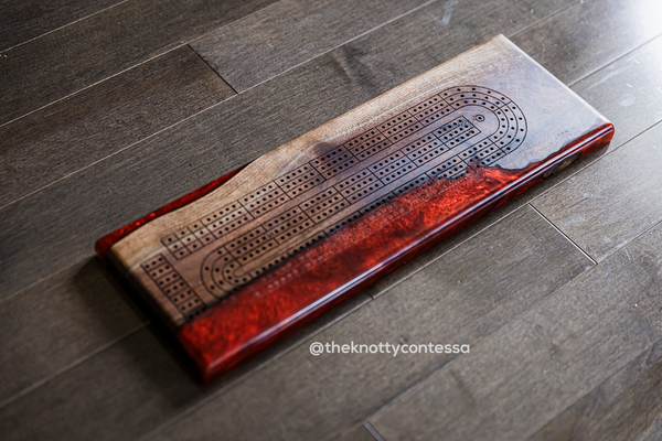 The 29 Hand Luxury Live Edge Cribbage Board - Black Walnut /Ruby Red - CB-RR-003