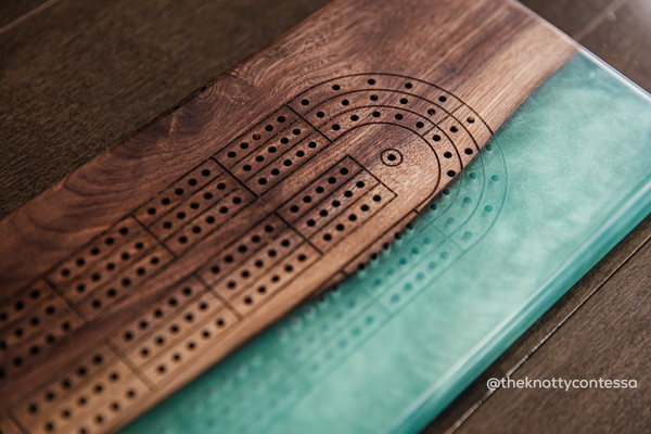 The 29 Hand Luxury Live Edge Cribbage Board - Black Walnut / Seafoam Epoxy - CB-SFM-009