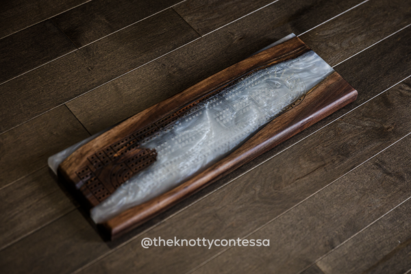 The 29 Hand Luxury Live Edge Cribbage Board - Black Walnut / Star White Epoxy - CB-SWH-003