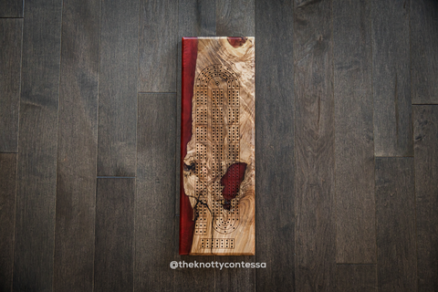 The 29 Hand Luxury Live Edge Cribbage Board - Olive Wood / Ruby Red Epoxy - CB-RUBR-001