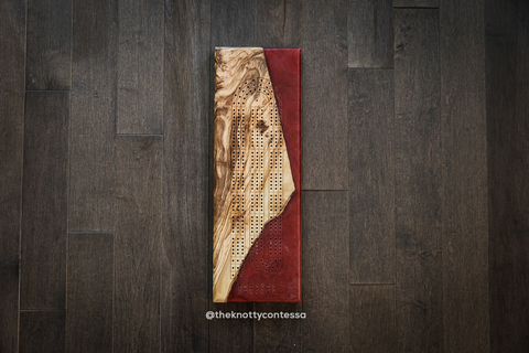 The 29 Hand Luxury Live Edge Cribbage Board - Olive Wood / Ruby Red Epoxy - CB-RUBR-002