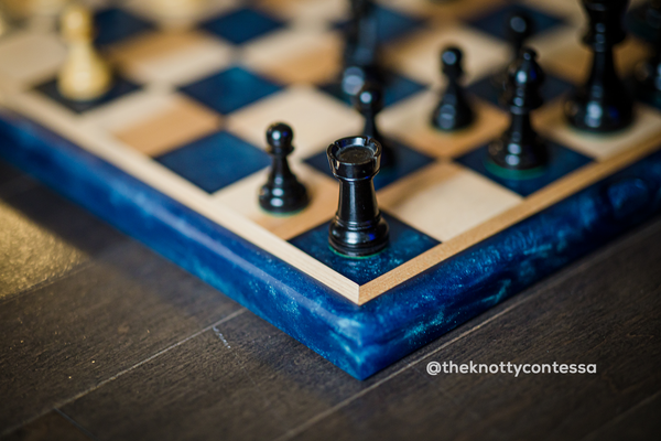 The Grandmaster Reversible Chess / Checkers Board - Maple / Black Walnut / Star Blue Green Epoxy - CGM-SBG-001