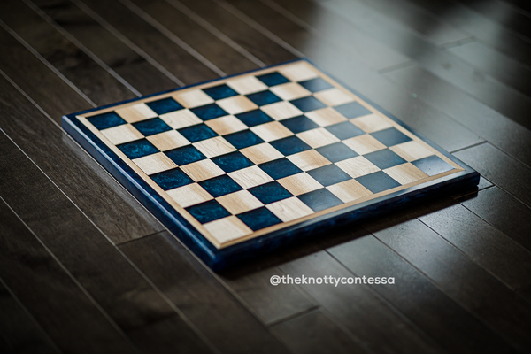 The Grandmaster Reversible Chess / Checkers Board - Maple / Black Walnut / Star Blue Green Epoxy - CGM-SBG-001