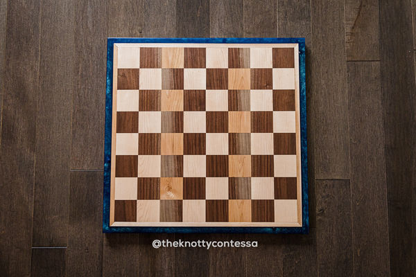 The Grandmaster Reversible Chess / Checkers Board - Maple / Black Walnut / Star Blue Green Epoxy - CGM-SBG-001